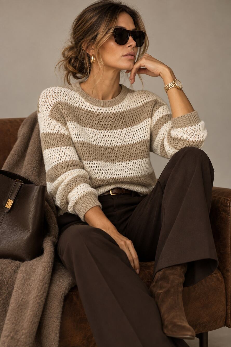 Banana Republic Beige Ivory Striped Open Knit 100% Cotton Sweater Size XS